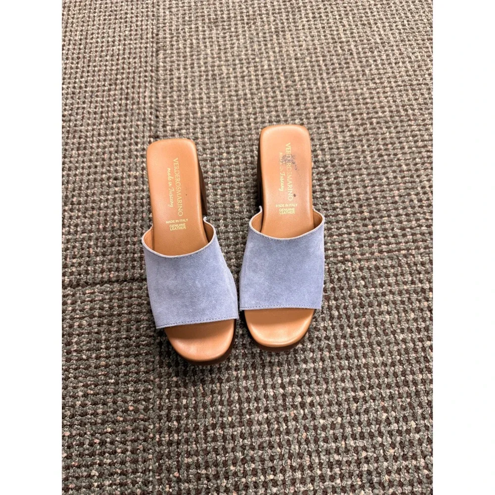 Verderosmarino Italy Blue Suede Studded Platform Block Heel Mule Sandals Size 40